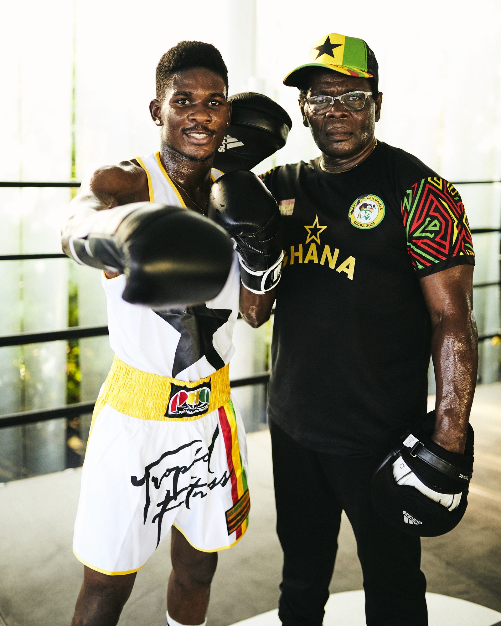 In the ring at Palm Heights in the Accra kit, with Coach Asare