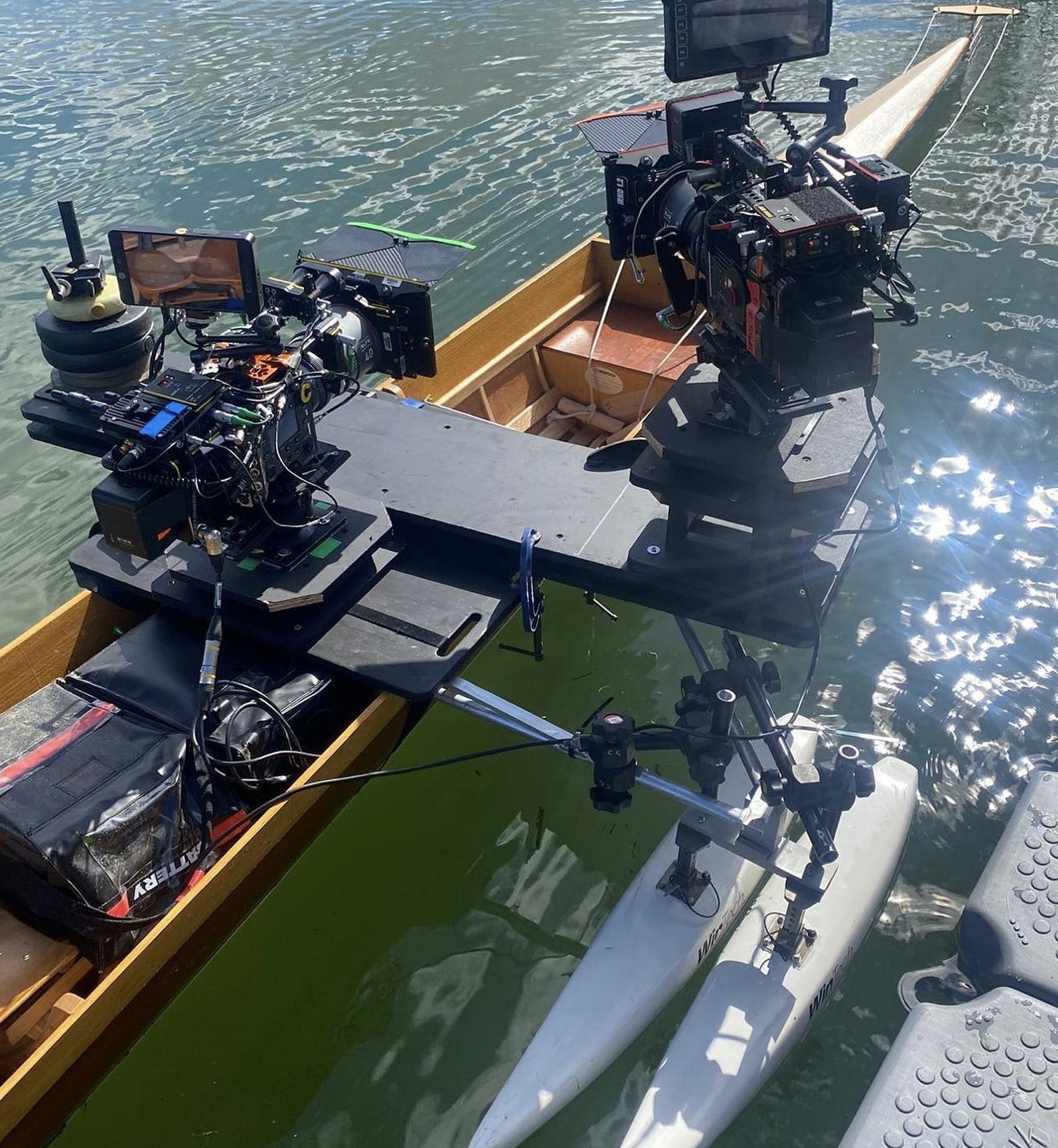 A twin camera rig built onto a rowing boat to film the crew at race pace